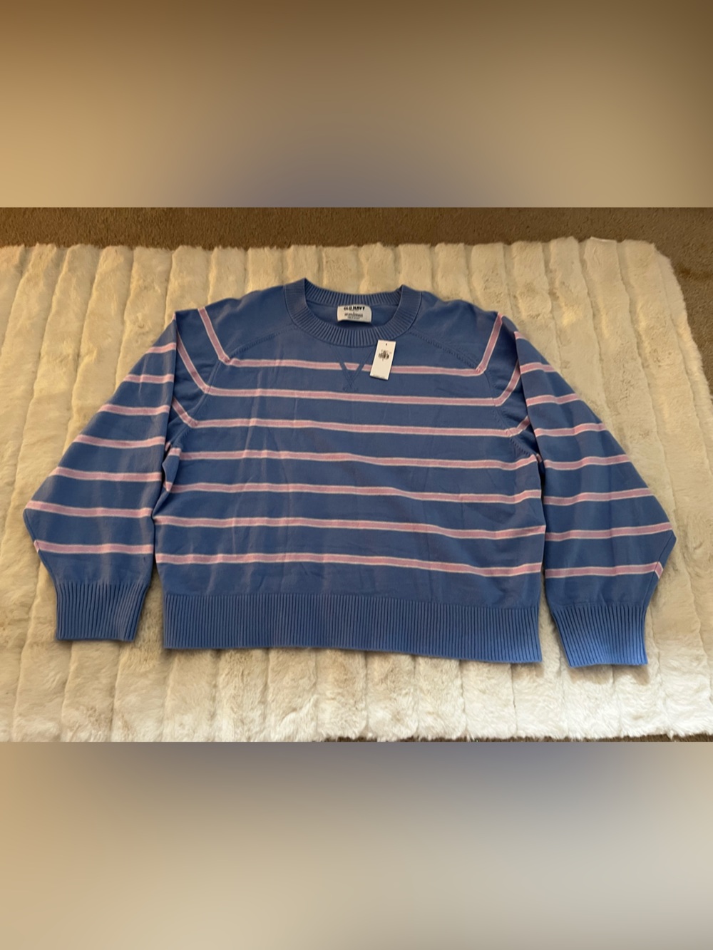 Old Navy Blue Crewneck Soft Sweater with Pink Stripes